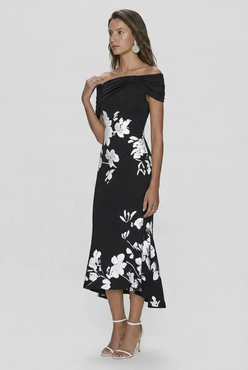 Off-Shoulder Floral Print Bodycon Midi Dress | OhLucy
