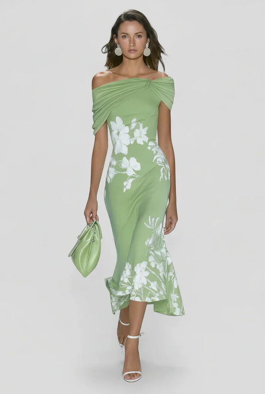 Off-Shoulder Floral Print Bodycon Midi Dress | OhLucy