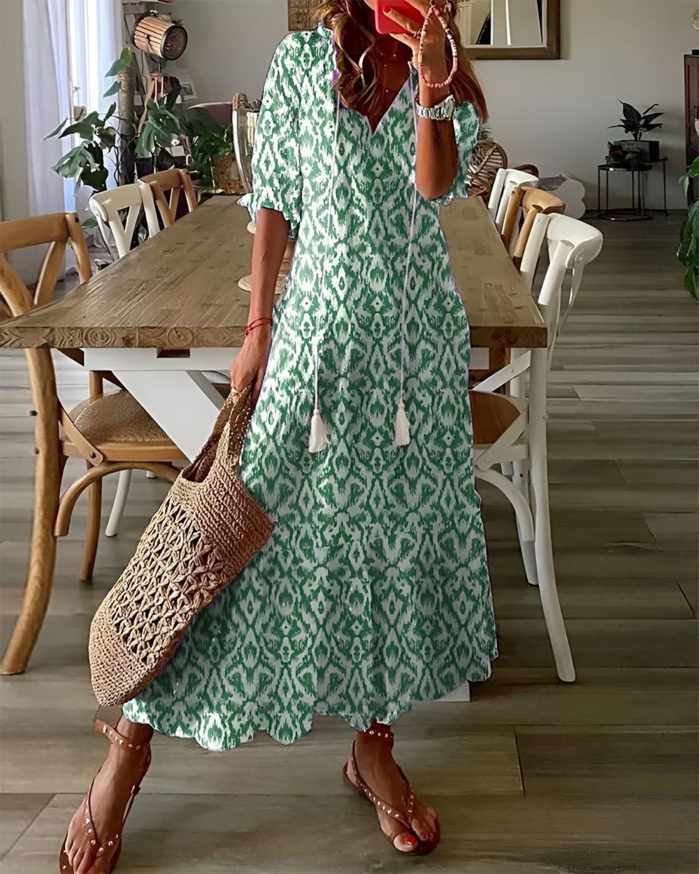 Women's Bohomian V-Neck Print Maxi Dress | OhLucy