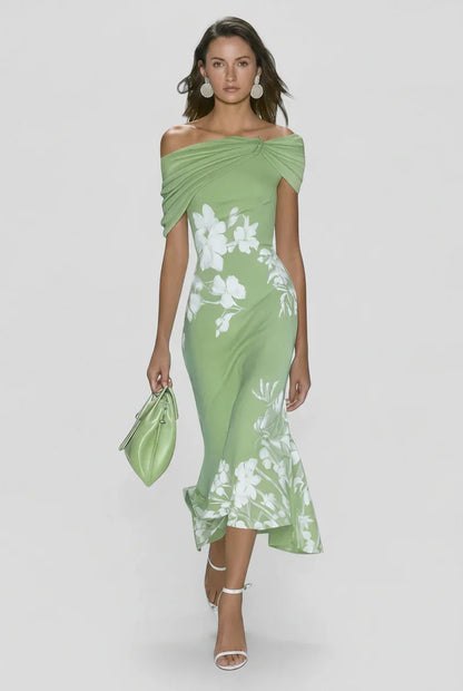 Off-Shoulder Floral Print Bodycon Midi Dress | OhLucy