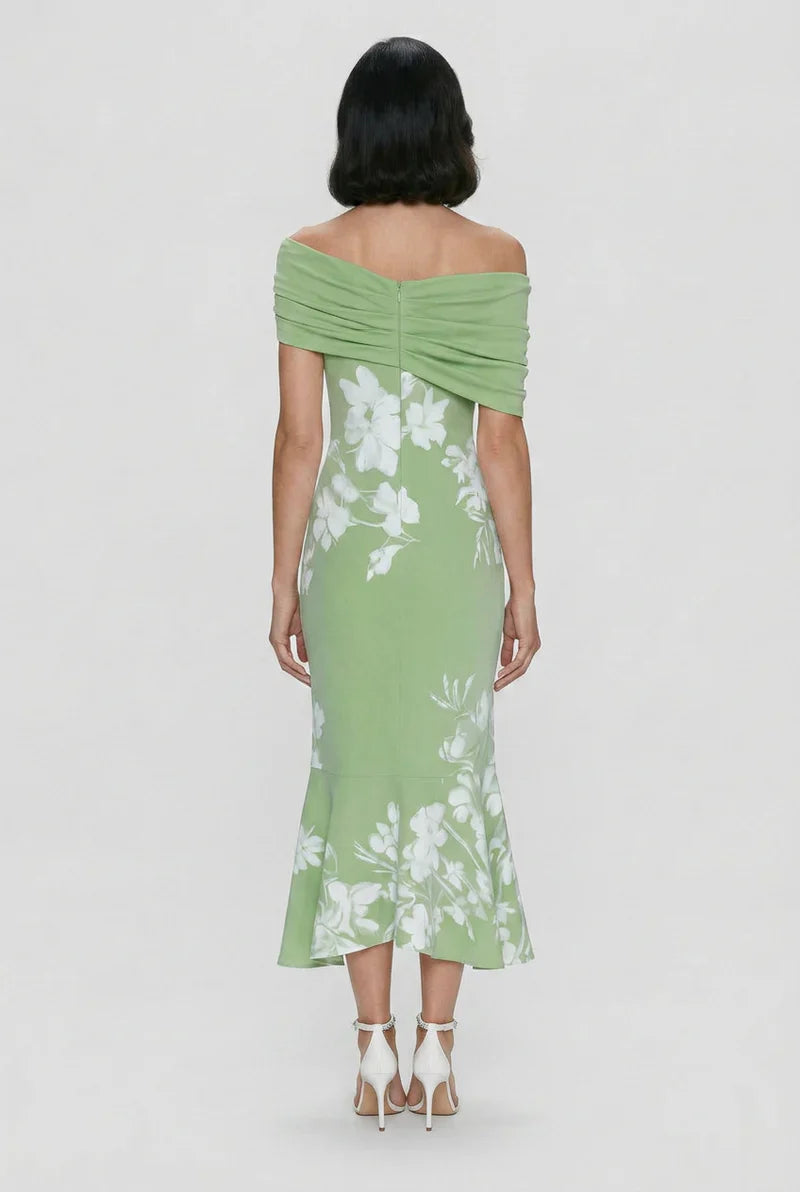 Off-Shoulder Floral Print Bodycon Midi Dress | OhLucy