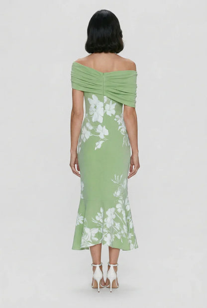 Off-Shoulder Floral Print Bodycon Midi Dress | OhLucy