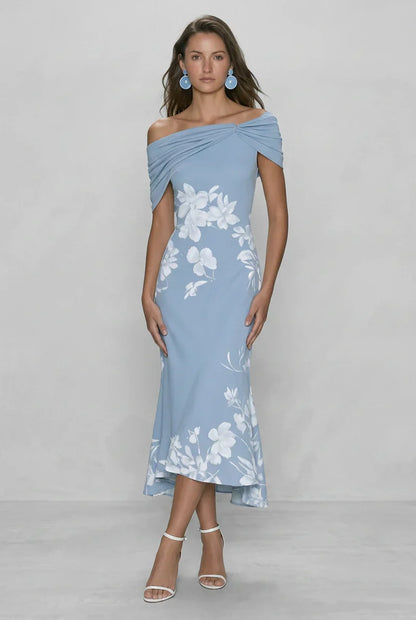 Off-Shoulder Floral Print Bodycon Midi Dress | OhLucy